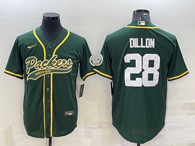 Men%27s Green Bay Packers #28 AJ Dillon Green With Patch Cool Base Stitched Baseball Jersey